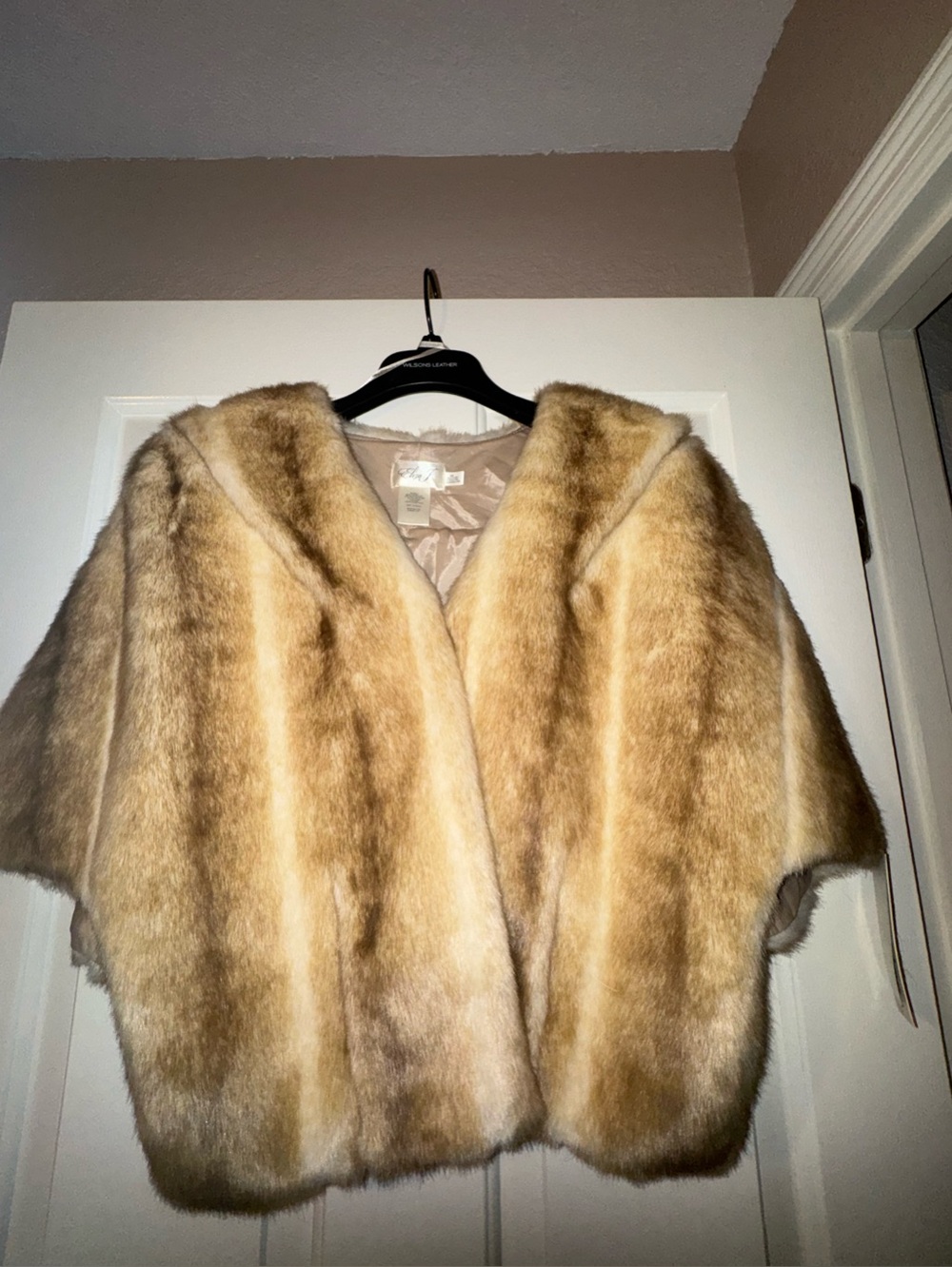 Eliza J Faux Fur Cape Jacket in Cream and Tan Stripes